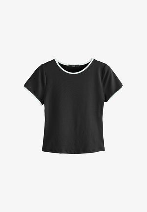 Black short-sleeve t-shirt with a round neckline, featuring white accent trim along the collar and sleeves. Made from smooth fabric.