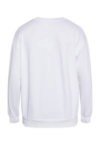 Sweatshirt alb, cu mâneci lungi, guler rotund, cu tivuri ribate. Textură netedă, croială lejeră, fără embellishments sau modele.
