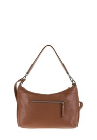 Borsa a spalla in pelle marrone con finitura texture, tracolla singola e tasca frontale con zip. Presenta bordi lisci e cuciture sottili.
