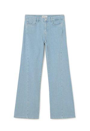 Light blue wide-leg jeans made of denim. Features a classic five-pocket design and a button-fly closure. Smooth texture and clean lines.
