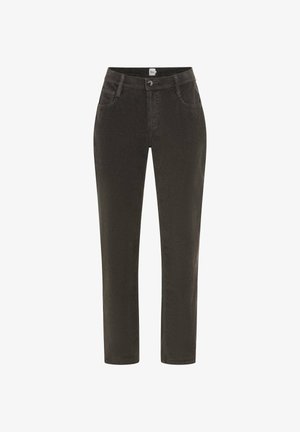 Mørkegrå kordfløjlsbukser med lige ben, der har to forlommer, en knaplukning og en subtil tekstur.