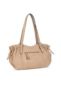 Borsa in pelle beige con un design morbidamente strutturato, dotata di doppi manici e una tasca frontale con zip, arricchita da dettagli in oro.