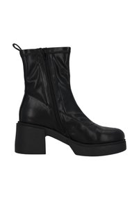 Czarne botki za kostkę o gładkim, ekologicznym wykończeniu, z masywnym obcasem i zamkiem błyskawicznym po zewnętrznej stronie dla łatwego zakładania.