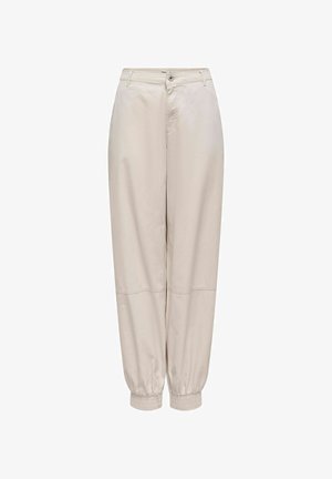Beige trousers with a relaxed fit, featuring an elastic waistband and cuffs, smooth texture, and a button closure at the front.