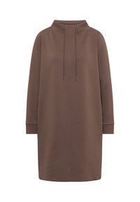 Longue robe sweat-shirt marron avec col montant, cordons de serrage, manches longues et ourlet droit, présentée sur fond blanc.