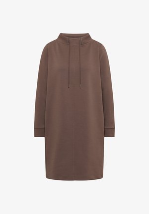 Longue robe sweat-shirt marron avec col montant, cordons de serrage, manches longues et ourlet droit, présentée sur fond blanc.