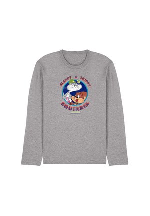 Grey long-sleeve shirt featuring cartoon characters Slappy the squirrel and Skippy the chipmunk with colorful text "Slappy & Skippy Squirrel Animaniacs."