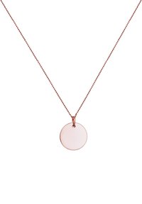 Rose-guld halskæde med en cirkulær, glat vedhæng hængende fra en delikat, snoet kæde. Vedhænget er tomt og tilbyder et minimalistisk design.