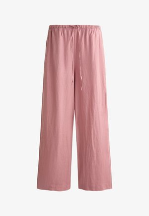 Helle rosa, weite Hosen aus weichem Stoff mit einem elastischen Bund und einem Kordelzug für Anpassungsfähigkeit und Komfort.
