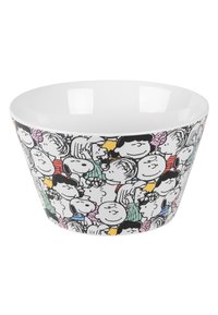 Ciotola in ceramica bianca con forma arrotondata, caratterizzata da un'illustrazione colorata di personaggi dei cartoni animati che circondano l'esterno.