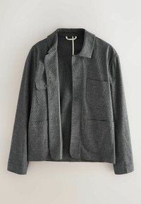 Graue Jacke aus strukturiertem Stoff, mit Kragen, vier Taschen und einer Vorderseite mit sichtbaren Knöpfen sowie einem kontrastierenden Innenfutter.