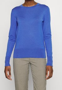Blauer Strickpullover mit Rundhalsausschnitt und langen Ärmel, mit geripptem Saum. Getragen über karierten Hosen in neutralem Farbschema.