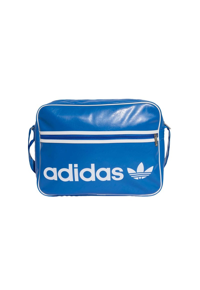 Blue synthetic adidas bag with white logo and detailing. Features a front zip pocket and blue zip closure with white trim.