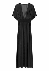 Czarna maxi sukienka z przezroczystego materiału. Posiada głęboki dekolt w kształcie V, krótkie rękawy oraz elastyczny pas, co zapewnia zwiewny krój.