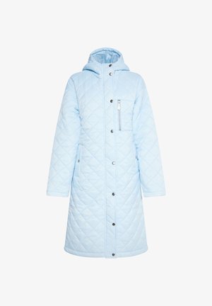 Jasnoniebieski pikowany długi płaszcz z kapturem, zapięcie na zatrzaski, boczne kieszenie oraz kieszeń na zamek błyskawiczny na piersi. Gładka faktura, ocieplana konstrukcja.