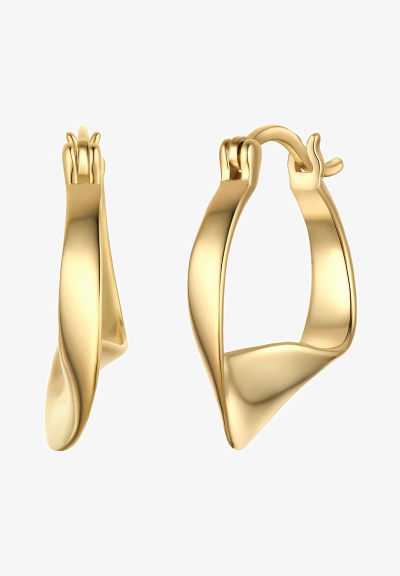 Auksinės auskarai žiedai su lygiu, išlenktu dizainu ir blizgiu paviršiumi. Turi saugų užsegimą ir unikalią, asimetrinę formą.