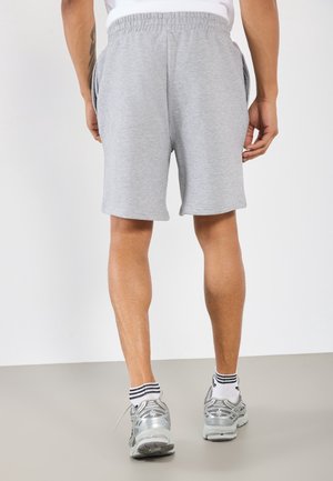 Grå træningsshorts med elastisk talje, sidelommer og en glat tekstur. Bæres med sølvfarvede løbesko og stribede sokker.