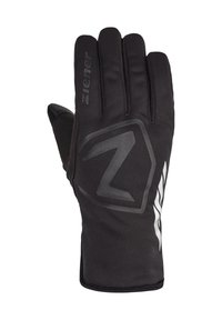 Schwarze, isolierte Handschuhe aus glattem Stoff, verstärkter Handfläche und gummiertem Logo-Detail. Mit vier ausgeformten Fingern und elastischem Bündchen für eine gute Passform.