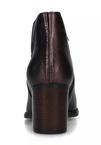 Stivale alla caviglia in pelle marrone con una finitura testurizzata, un tacco cilindrico in legno e una chiusura con zip sul lato.