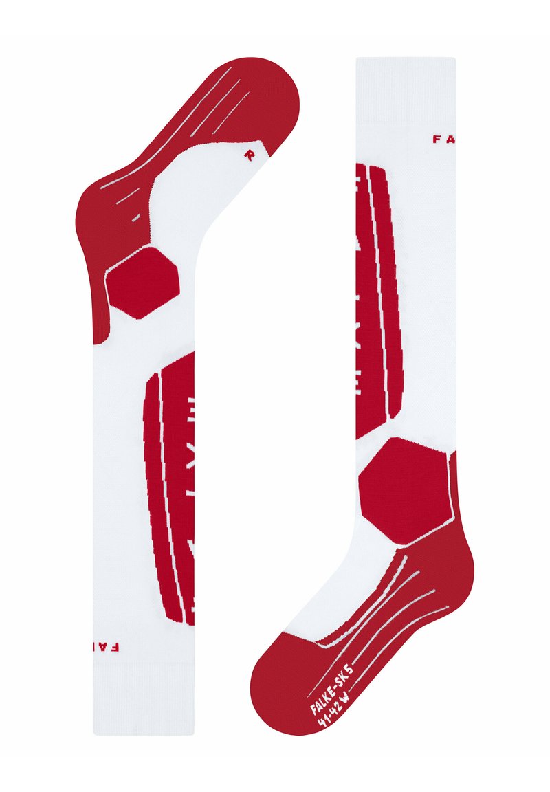 Calzini rossi e bianchi con motivi esagonali, texture a coste sulla parte del piede e un logo. Il design è adatto per l'uso atletico.