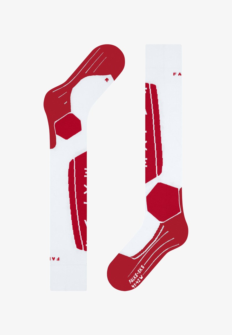 Rode en witte sokken met hexagonale patronen, geribbelde textuur op de voet en een logo. Het ontwerp is geschikt voor sportief gebruik.