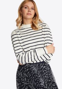 Strickpullover in Creme mit schwarzen vertikalen Streifen. Hat einen hohen Kragen und lange Ärmel. Kombiniert mit einem gemusterten, dunklen Rock.
