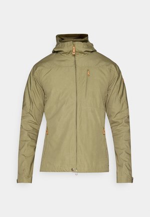 Light green hooded jacket with front zipper, three zippered pockets, and adjustable cuffs.