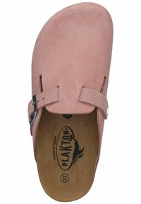 Pink suede slip-on sandal with a strap and silver buckle. Features a contoured insole with branding, designed for comfort. Size 37.
