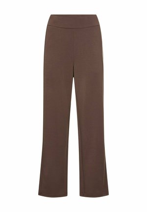 Pantalon marron à large jambe texturé avec une taille haute élastique, offrant une finition lisse et des bords soignés pour une silhouette épurée.