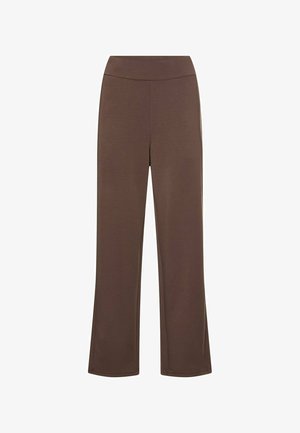 Brown, textured, wide-leg pants with a high elastic waistband, featuring a smooth finish and tailored edges for a clean silhouette.