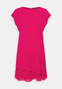 Fuchsia dress made of lightweight fabric, featuring short ruffled sleeves, a round neck, and layered ruffle accents at the hem.