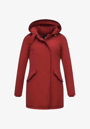 Rode waterdichte jas met capuchon, twee voorzakken, gladde textuur en een recht gesneden ontwerp. Voorzien van een knoopsluiting en verstelbare capuchon.