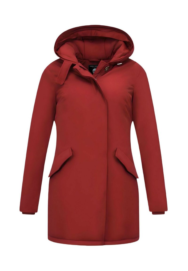 Rode waterdichte jas met capuchon, twee voorzakken, gladde textuur en een recht gesneden ontwerp. Voorzien van een knoopsluiting en verstelbare capuchon.