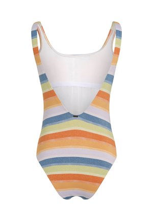 Gestreepte ééndelige badpak met horizontale banen in oranje, blauw, groen en wit; diep V-vormige rug; gemaakt van rekbaar materiaal.