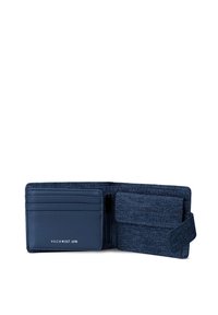Navy blue wallet with a smooth leather interior and textured fabric exterior. Features card slots and a zippered compartment for coins.