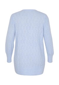 Pull léger bleu avec un motif de feuilles texturé, manches longues et coupe décontractée. Doté d'un col rond et d'un ourlet côtelé.