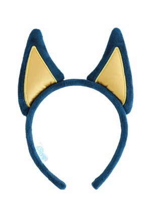 Diadema de felpa azul con orejas internas amarillas de satén, altas y puntiagudas, diseñadas para parecer orejas de animal.