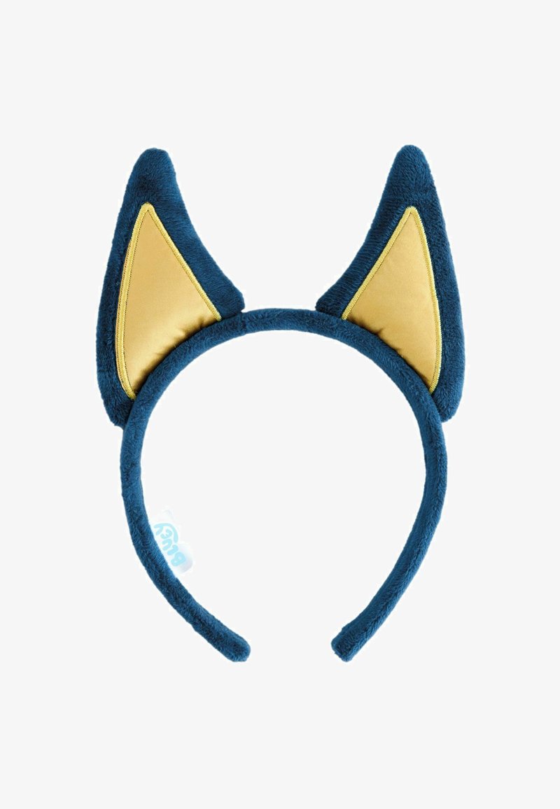 Niebieska, pluszowa opaska na głowę z wysokimi, spiczastymi, żółtymi satynowymi wewnętrznymi uszami zaprojektowanymi tak, aby przypominały uszy zwierzęcia.