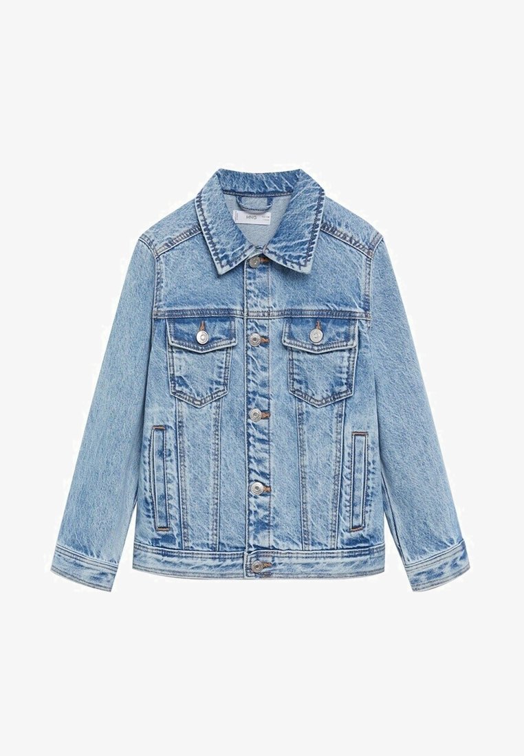 Light blue denim jacket featuring a classic collar, button-up front, two chest pockets, side pockets, and stitched accents.