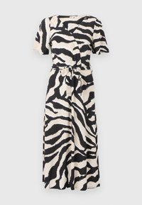 Svart og beige omslagskjole med korte ermer, belte med knytning og et zebra-stripe mønster i et lett stoff.