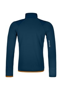 Blauer Longsleeve-Jacke mit hohem Kragen. Hat kontrastierende orangefarbene Saumakzente und strukturierten Stoff. Kein sichtbares Logo auf der Rückseite.