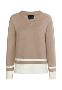 Beige V-kaulaست sweateri, jossa on kerma- ja vaaleanruskeat raidat helmassa ja hihansuissa. Valmistettu pehmeästä, tekstuurisesta neulekankaasta.