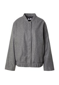 Grijze wolmixjas met een staande kraag, sluiting met knopen aan de voorkant, zijzakken en een licht gecropte, boxy pasvorm voor een moderne look.
