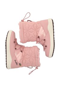 Rosa, gesteppten Schneestiefel mit strukturierter Oberfläche, reflektierenden Akzenten, verstellbaren Zugbändern und einer weißen Gummisohle mit Profil.