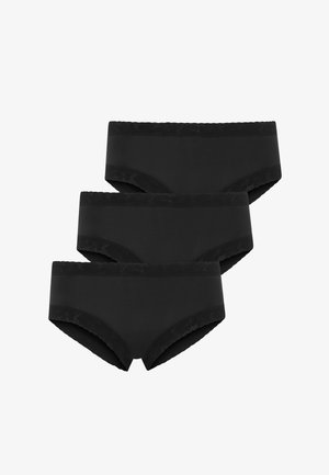 Trzy pary damskich czarnych fig typu hipster, wykonanych z gładkiej tkaniny z koronkową lamówką wzdłuż pasa. Każda para ma niski stan.