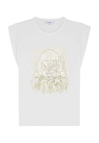 Hvid t-shirt med korte ærmer, der har et glitrende guld skull og tværben-design centreret på forsiden. Blødt stof og afslappet pasform.