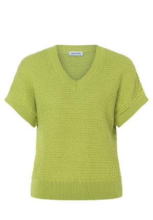 Light green short-sleeve knit sweater with V-neck and textured pattern, ribbed cuffs, and hem, labeled "More & More" inside collar.