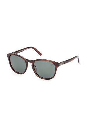 Gafas de sol carey con lentes verdes, forma redonda y acentos metálicos en las varillas. Montura de plástico ligera con brazos curvados.