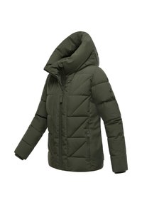 Dark green puffer jacket with a high collar, diagonal quilted texture, zip closure, and side pockets. Features long sleeves and a fitted cut.