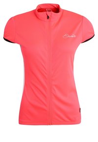 Krótka koszulka kolarska z jasnoróżowym kolorem, z przednim zamkiem błyskawicznym, czarnymi akcentami na rękawach i subtelnym logo na piersi.